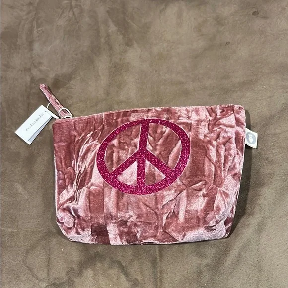 Quilted Koala Pink Velvet Peace Sign Cosmetic Bag - Picture 1 of 2